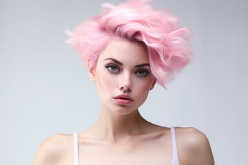 a macro close-up studio fashion portrait of a face of a young woman with perfect skin, pink hair and immaculate make-up. White background. Skin beauty and hormonal female health concept