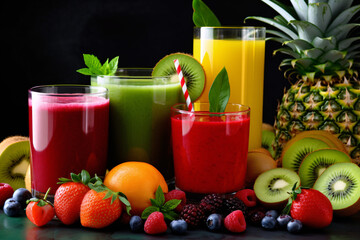 Glasses with different healthy smoothies on wooden table, closeup. Variety of fresh fruit juices on a wooden background. Selective focus.