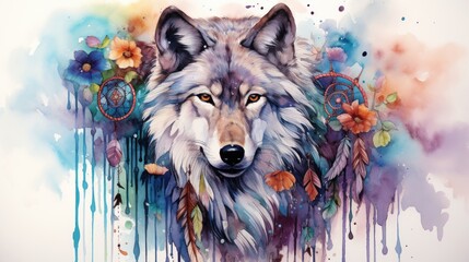 Wolf with flowers and leaves on a watercolor background