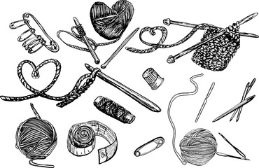 set of hand drawn accessories for knitting and crocheting  - obrazy, fototapety, plakaty