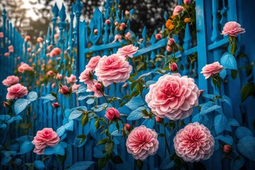 beautiful flowers, flowers color is rose , in 4d dimensions ,near the home, gate is blue color.