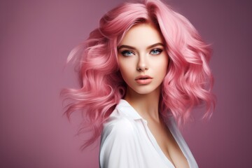 a macro close-up studio fashion portrait of a face of a young woman with perfect skin, short pink hair and immaculate make-up. Pink background. Skin beauty and hormonal female health concept