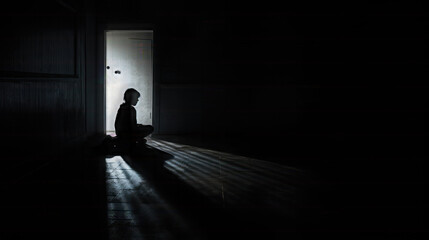 A silhouette of a person sitting in a dark hallway indoor