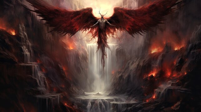 Lucifer's fall in the fiery cave
