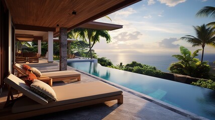 luxury bali villa with sea views, sunbeds and swimming pool. traveling asia, summer vacation. AI