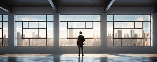 Fototapeta na wymiar Executive contemplation. Businessman gazing at urban skyline from office. Modern business insights. Pondering in city office space. Corporate leader perspective. Reflecting by window