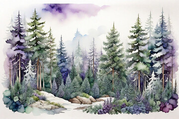 A watercolor forest in winter, with pines and plants in a combination of green and purple colors, against a white background