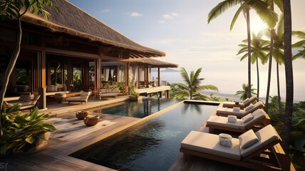 luxury bali villa with sea views, sunbeds and swimming pool. traveling asia, summer vacation. AI - obrazy, fototapety, plakaty