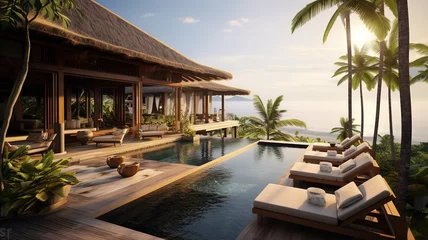 Stoff pro Meter luxury bali villa with sea views, sunbeds and swimming pool. traveling asia, summer vacation. AI © yana136