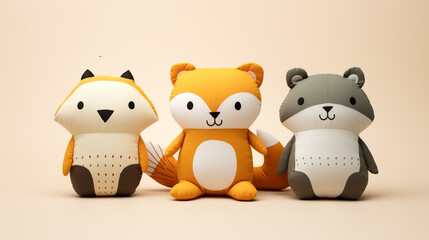 Naklejka premium cutout set of 3 cartoon animal toys characters isolated on solid background