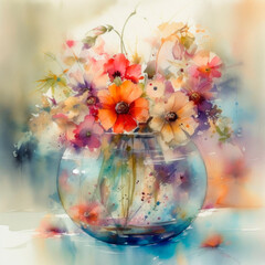 Flowers in vase watercolor painting. Glass jar with garden flowers. Aquarelle watercolor paper texture clearly visible.