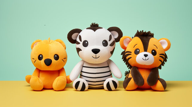 cutout set of 3 cartoon animal toys characters isolated on solid background