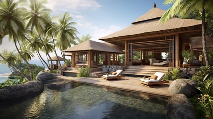 luxury bali villa with sea views, sunbeds and swimming pool. traveling asia, summer vacation. AI - obrazy, fototapety, plakaty