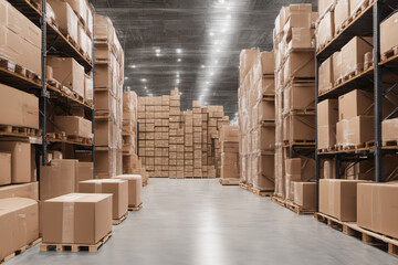 A large number of cardboard boxes are placed in the warehouse ready for shipment