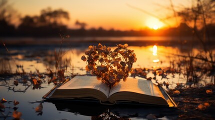 book on the river at sunset