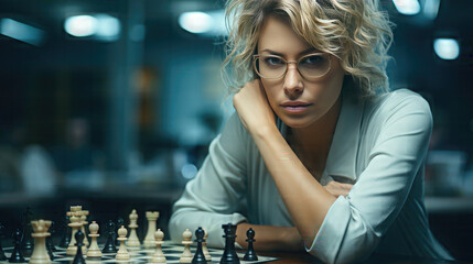 mature Caucasian woman in glasses deep in reflection playing chess
