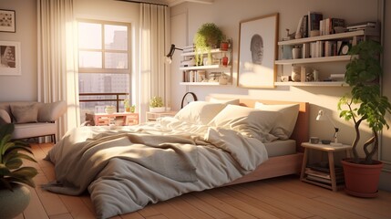 Fototapeta premium Bedroom, mid century style. Interior design