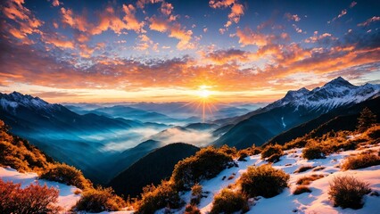 Fototapeta premium Stunning sunrise in the mountains, warm light. Generative AI,