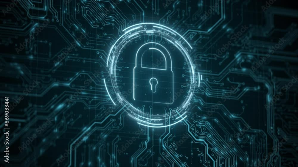 Poster security hologram virtual hud pin with shield and lock. concept of finance data privacy and smartpho