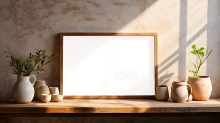 Horizontal transparent frame mock up in boho rustic kitchen. Generative ai