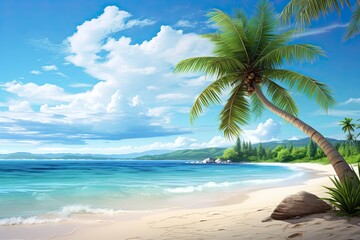 Fototapeta na wymiar Calm Beach with Palm Tree Swaying: Serene Breeze, Tropical Bliss