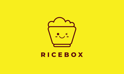 Rice box logo vector flat design badge oriental food delicious breakfast dinner eat meal dish express take away pack concept