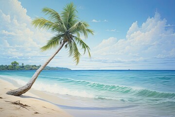 Fototapeta premium Calm Beach with Swaying Palm Tree in the Breeze - Digital Image