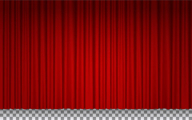 Red curtain on theater stage, cinema or circus. Background for movie theatre, show scene, comedy club with red velvet curtains drapes isolated on transparent background, vector realistic illustration