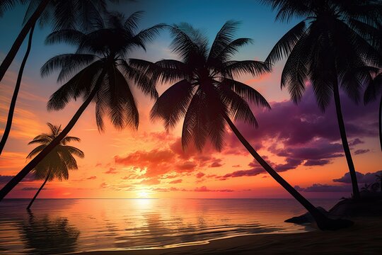 Beautiful Sunset Beach: Palm Trees Silhouetted against the Sky - Captivating Tropical Scene