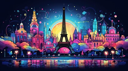 Postcard with night Paris, the Eiffel Tower, geometric neon style - obrazy, fototapety, plakaty