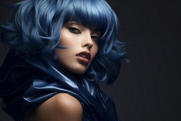 Fototapeta premium a close-up studio fashion portrait of a face of a young woman with perfect skin, blue hair and immaculate make-up. Dark background. Skin beauty and hormonal female health concept