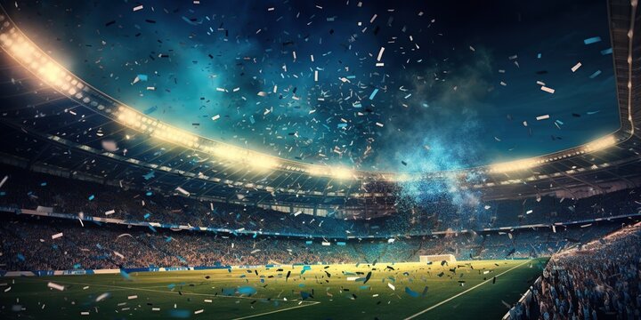 Stadium filled with enthusiastic fans cheering on their favorite team during a sports game with confetti raining down