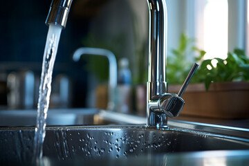 Water running from tap into kitchen sink 