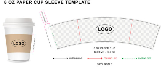 Paper cup sleeve die cut template for 8 ounce with 3D blank vector mockup for food packaging