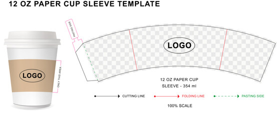 Paper cup sleeve die cut template for 12 ounce with 3D blank vector mockup for food packaging - obrazy, fototapety, plakaty