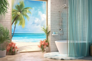 Refreshing Beach Shower: Beach Scene with a Refreshing Beach Shower in the Background