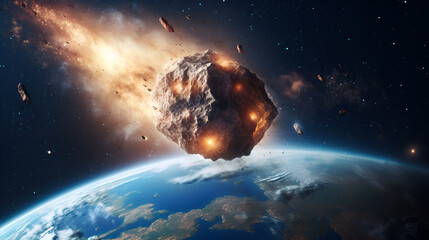 The red-hot fiery metarite flies in space towards planet Earth. Collision of a comet with the earth...