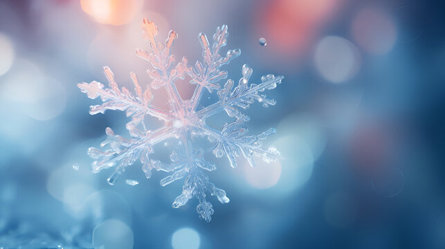 Beautiful macro photo of a snowflake. Winter background with copy space