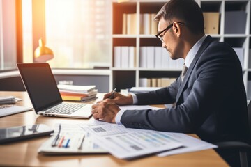 Fototapeta premium Accountant using calculator for financial report, representing business accounting in office