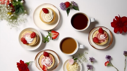 Overhead shot of cups of coffee, delicious homemade strawberry - obrazy, fototapety, plakaty