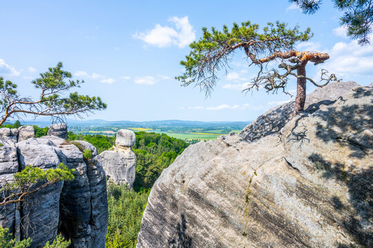 Panoramic view of a sandstone rock city in Bohemian Paradise, Czech: Cesky raj. The Skull, Czech: Lebka, rock tower in Hruba skala rock city town. Czech Republic