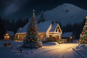 Fototapeta premium Cozy holiday house illuminated in snowy winter landscape at night.
