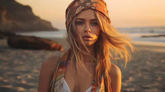 Portrait of a Caucasian young attractive girl in boho or hippie style against the backdrop of the beach and sea looking at the camera. free spirits. AI.