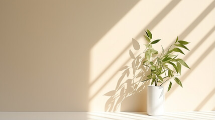 Minimalistic light background with blurred foliage shadow and plant on a light wall.