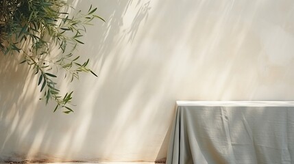 White concrete empty table, organic curtain, and olive tree shadow on cement wall. Summer exterior scene for product placement mockup. 