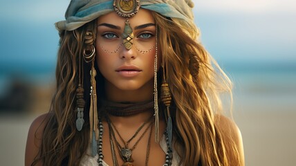 Portrait of a Caucasian young attractive girl in boho or hippie style against the backdrop of the beach and sea looking at the camera. free spirits. AI. © yana136