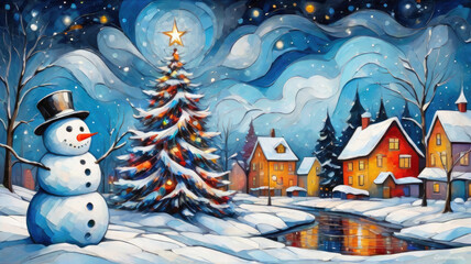 cubism painting of vibrant cozy winter Christmas eve