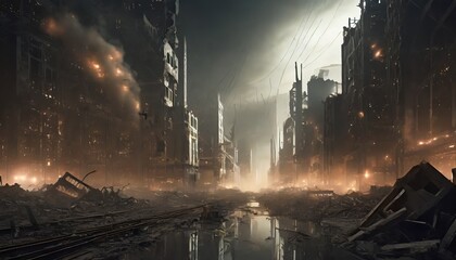 città in uno scenario di distruzione con luce drammatica - obrazy, fototapety, plakaty
