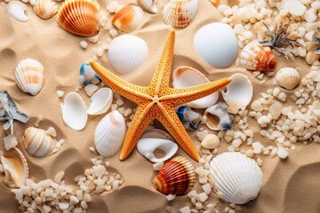 Fototapeta na wymiar Closeup of Sea Sand Beach with Shells and Pebbles: Exquisite Beauty of Seashells and Pebbles on a Closeup of Sea Sand Beach
