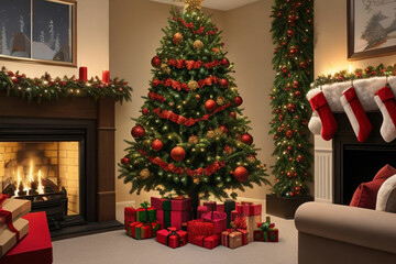 Fototapeta na wymiar Cozy Festive Home Interior with Christmas Decorations and Illuminated Tree